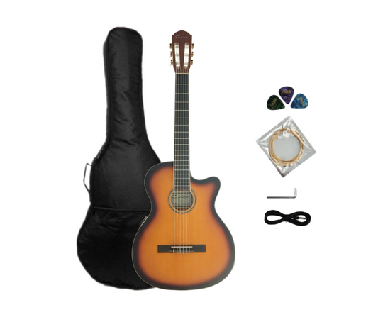 Caraya C-551BCEQ/N Thin-body Natural Spruce Cutaway Classical  Guitar,EQ+Free Bag
