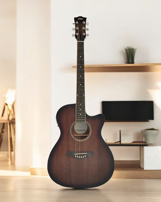 Haze F561TBCEQ Mahogany Top Built-In Pickup/Tuner OM Cutaway Acoustic Guitar - Natural