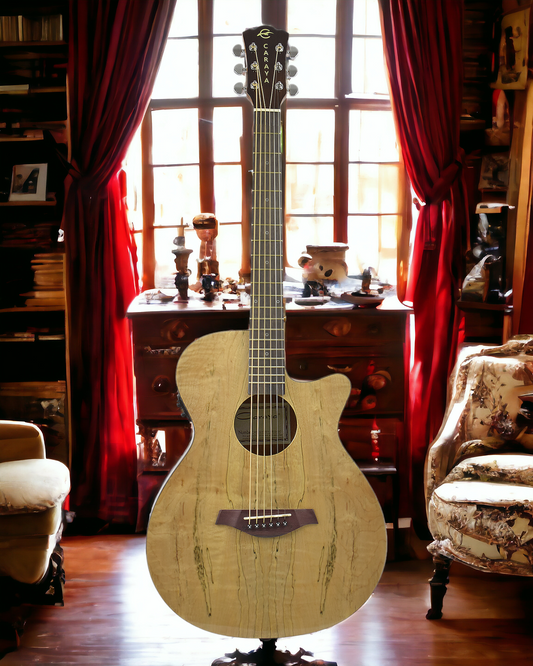 Caraya HSGYPSYCEQGC Spalted Spruce Built-In Pickups/Tuner OM Cutaway Acoustic Guitar - Natural