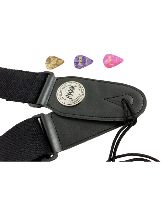 Haze Cotton + Genuine Leather End Guitar Strap with Pick Pocket, Adjustable Length + 3 Picks