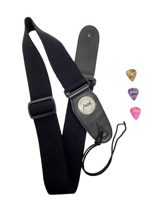 Haze Cotton + Genuine Leather End Guitar Strap with Pick Pocket, Adjustable Length + 3 Picks