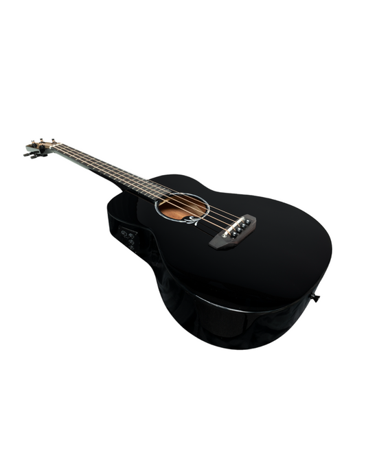 Haze 37" Solid Sitka Top Height Adjustable Saddle Acoustic Bass Guitar - Black HZMINISEBSPBK