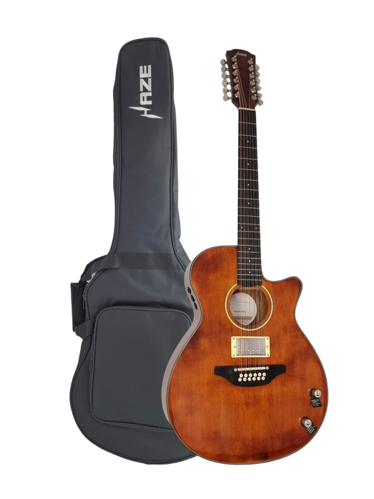 Haze SDG82812CHEQNB Hybrid Acoustic – Electric 12 string Guitars Humbucker Saddle Height Adjustable - Brown