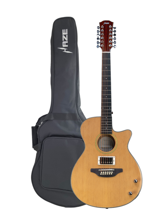 Haze SDG82812CHEQSN Hybrid Acoustic – Electric 12 string Guitars Humbucker Saddle Height Adjustable - Natural