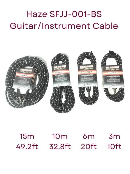 Haze Tour Grade Braided Tweed Guitar/Instrument Cable/Lead,3m,6m,10m,15m Black+Silver SFJJ-001