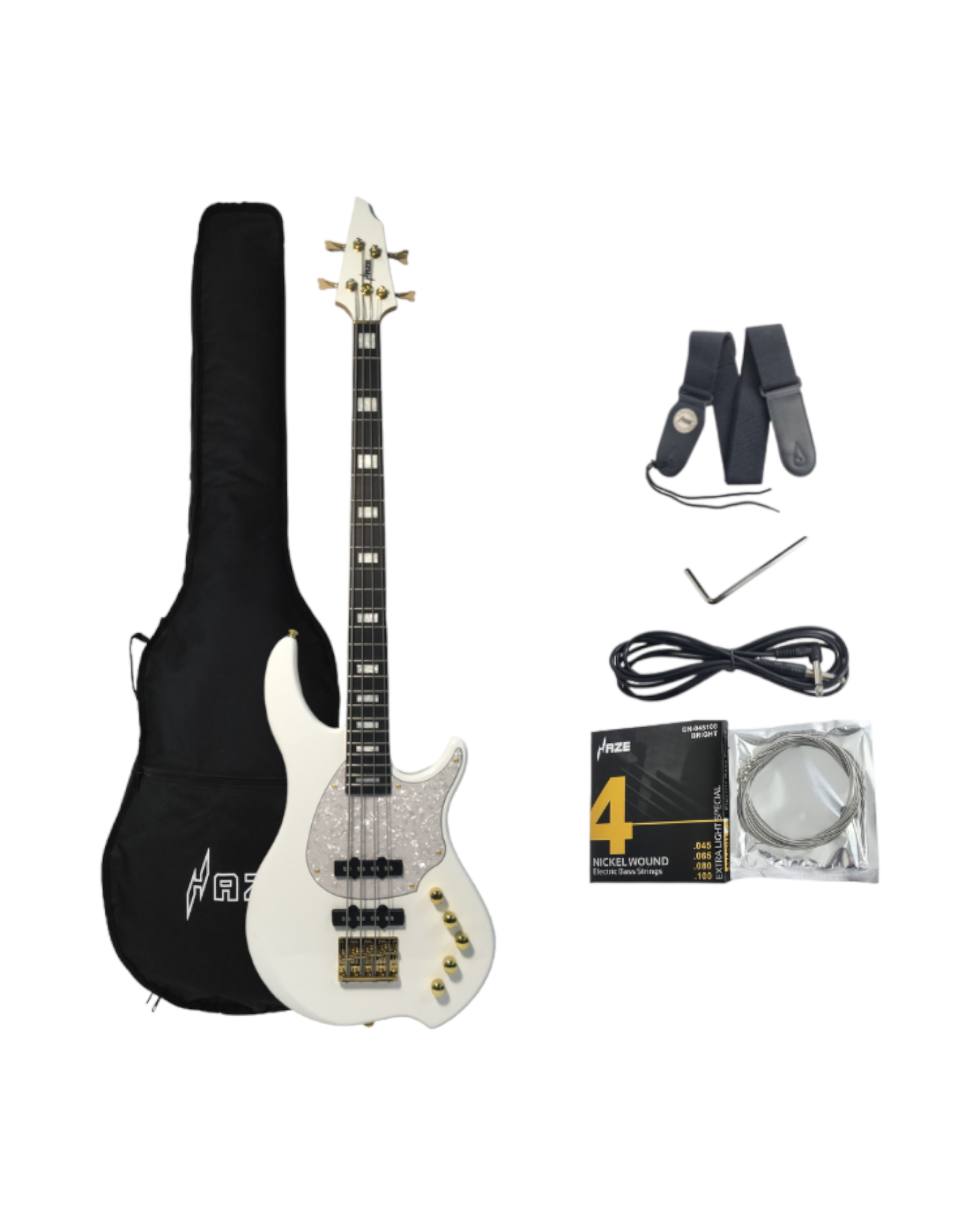 Haze Active Single-Coil Solid Mahogany Hybrid Electric Bass Guitar - White HYBRID4PWH