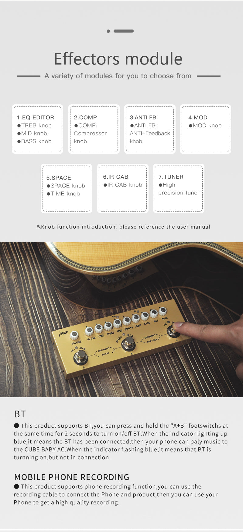 Haze Cube BABY Rechargeable Multi Effects Pedal for Acoustic Guitar Recording Audio Interface Function Cuvave Pedal