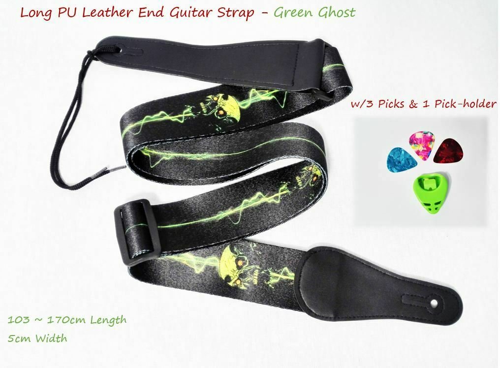 Long PU Leather End Guitar Strap, Length Adjustable 103~170cm, Green Ghost, GSNEON