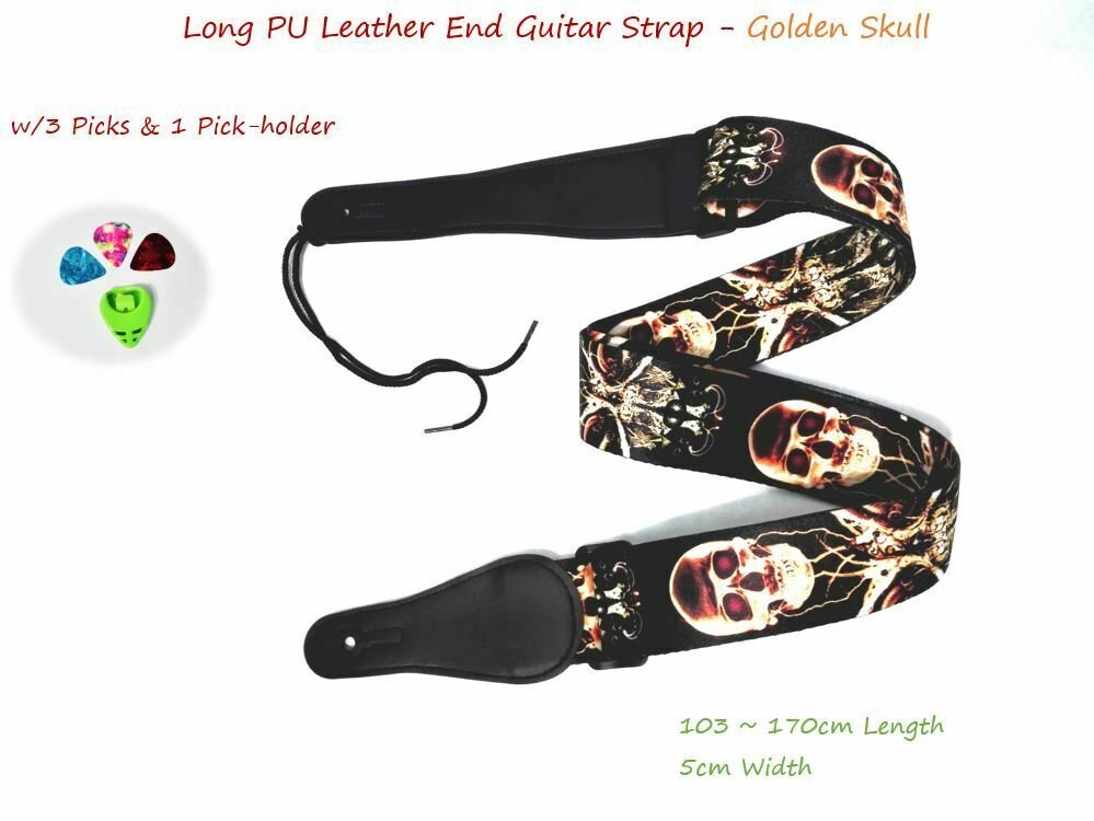 Long PU Leather End Guitar Strap, Length Adjustable 103~170cm, "Golden Skull", GSGOLD